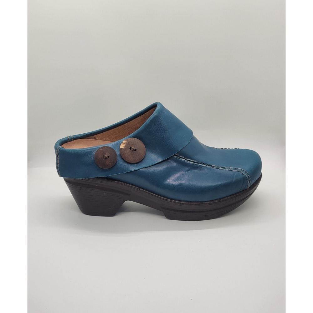 Sanita Teal Blue Leather Mule Clogs Women EU 37 US 6.5-7 Comfort Button 70s 90s